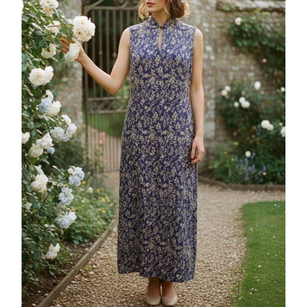 VTG Laura Ashley Floral Midi Dress 12 Blue Mandarin Collar Keyhole 90s Cottage